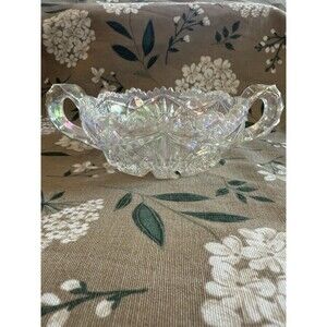 Vintage Carnival Rainbow Iridescent Clear Candy Dish with Handles 4.5”